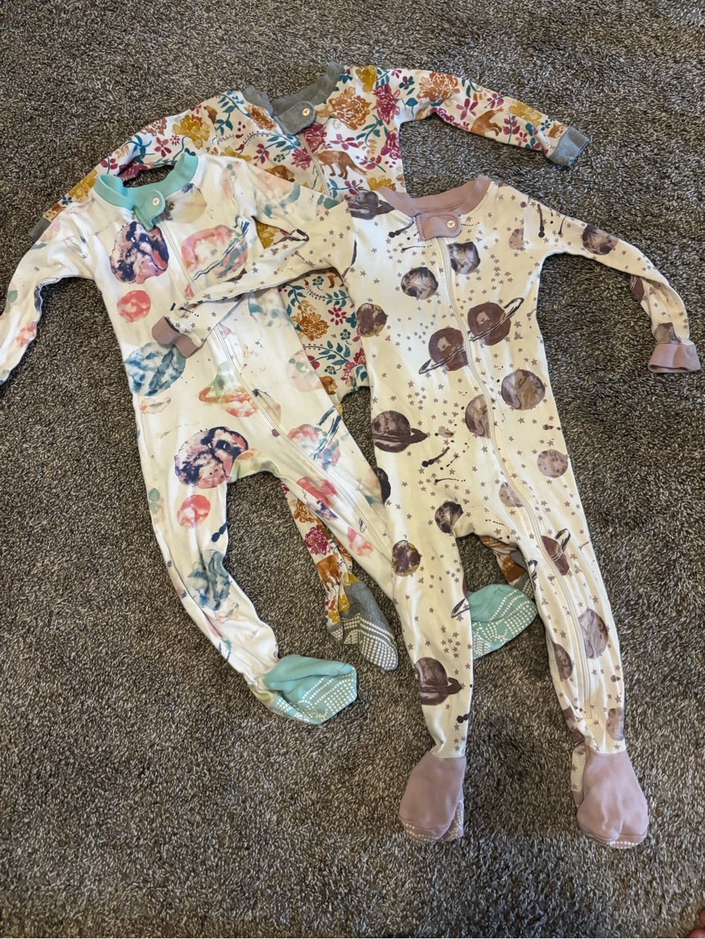 Neutral Space & Floral Print Kids One-Piece Sleepers - Pack of 3